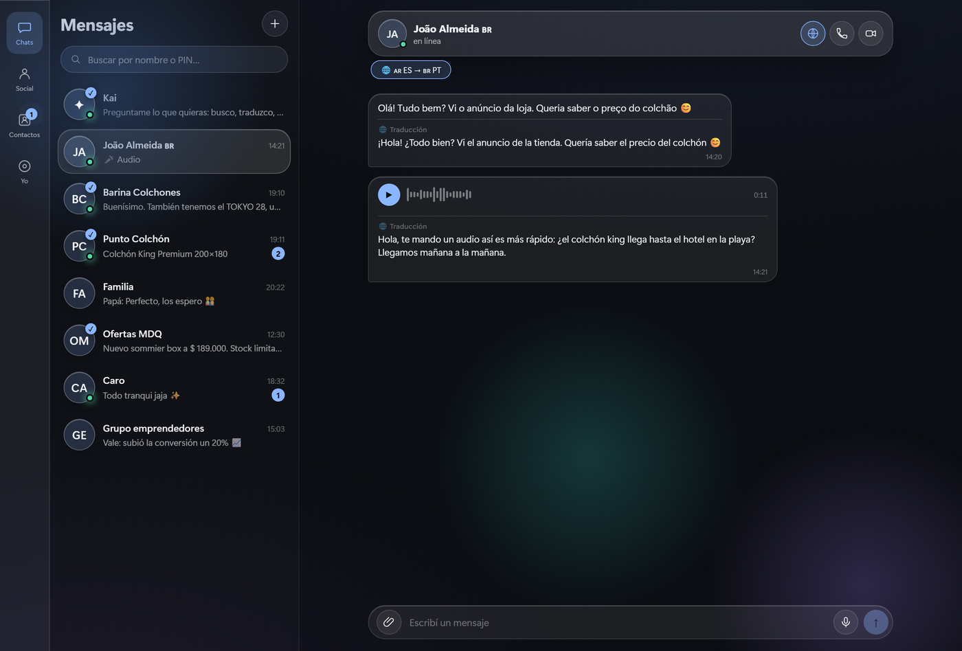 Chat de empresa en GloxPin con traducción automática